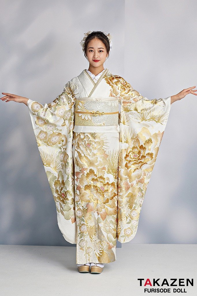 最高級古典柄振袖 関芳/最高級金駒金彩刺繍友禅 白/金/ゴールド 牡丹柄
