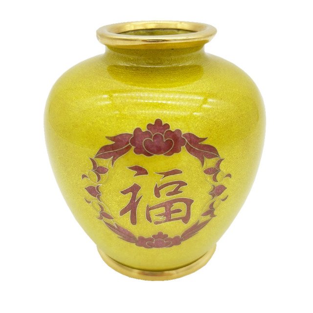 七宝焼 竹文 花瓶 唐木台・時代箱付 V 9462 七宝焼 竹文 花瓶 唐木