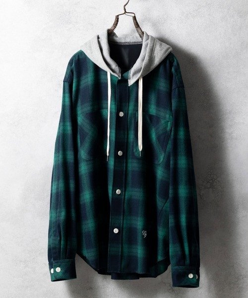 NUMBER (N)INE Tops OMBRE CHECK FLANNEL HOODIE SHIRT / Ombre check