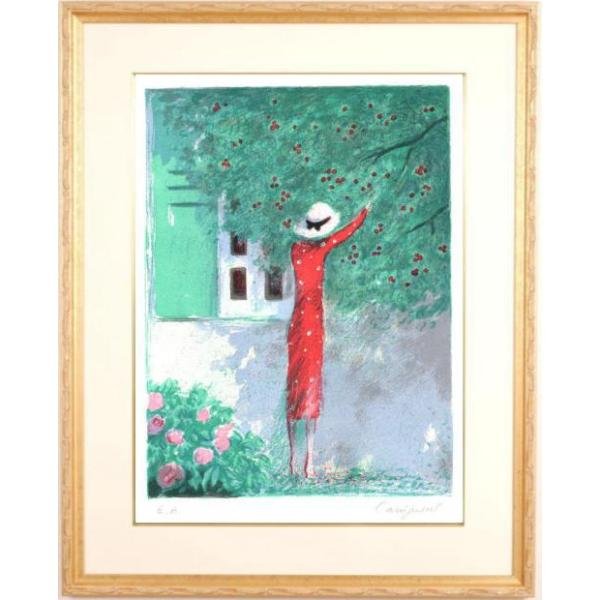 bカシニョールのオリジナルリトグラフ「赤い花飾りの帽子」 b