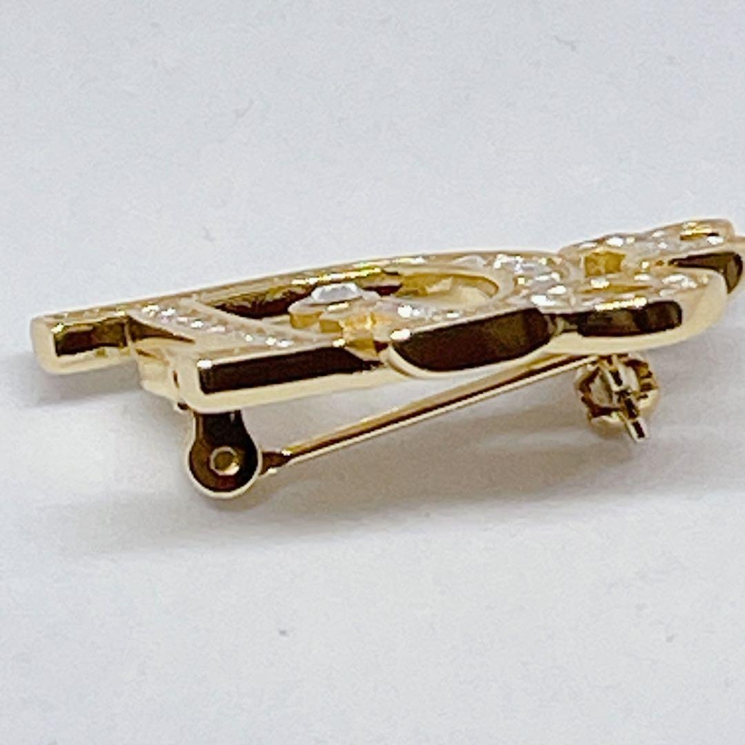 極美品 箱・保証書付 ディオール ロゴブローチ ラインストーン ゴールド